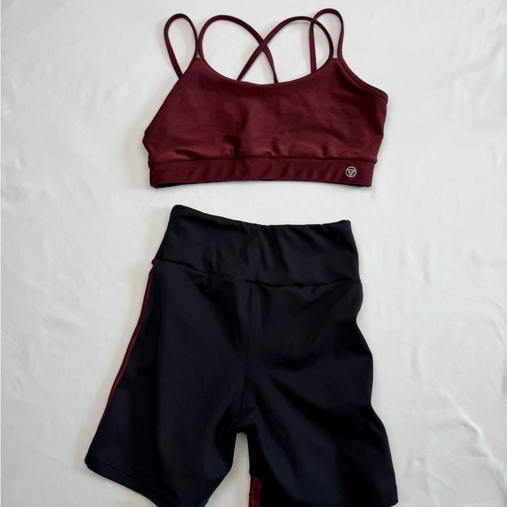Matching Activewear Set Burgundy Black Sports Bra Biker Shorts Workout Set - Picture 5 of 13